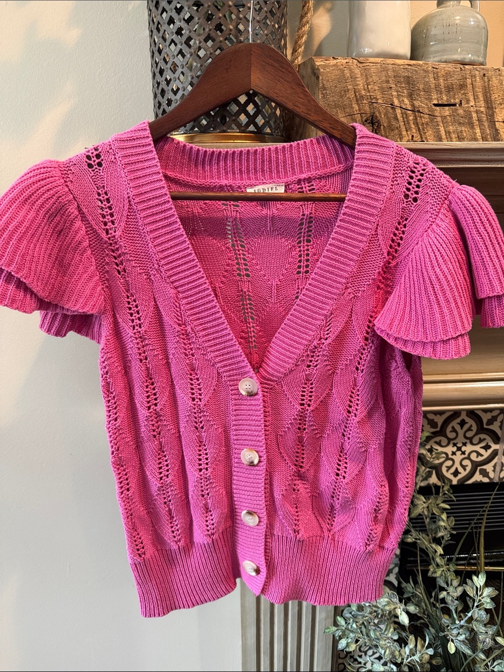 JODIFL Bright Pink Lace-Knit Ruffle Sleeve Button Cardigan